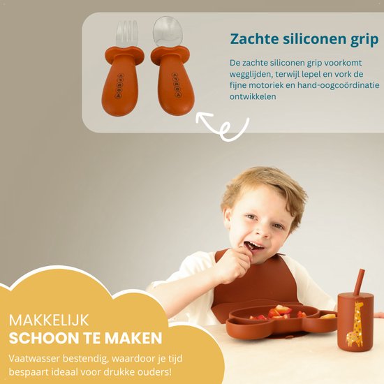 Youly® Couverts pour enfants Marron Rouille - Couverts Bébé - Sans BPA - Acier Inoxydable - Siliconen - Durable - Solide - Cuillère et Fourchette