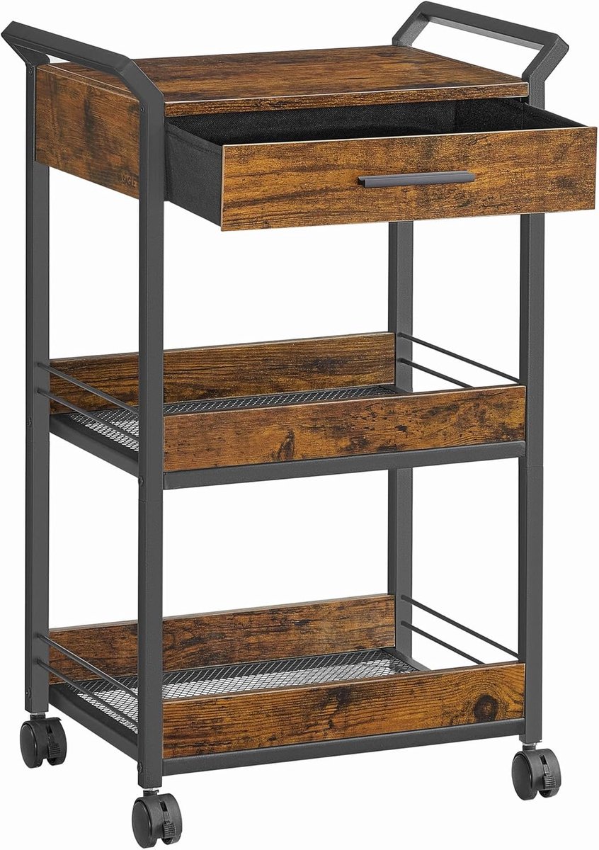 Furnstar - Rolwagen - Keukentrolley - 3 niveaus - Serveerwagen met remmen - Houten spaanplaat - Bovenste lade - Opbergrek voor keuken badkamer slaapkamer - Vintage bruin Inktzwart