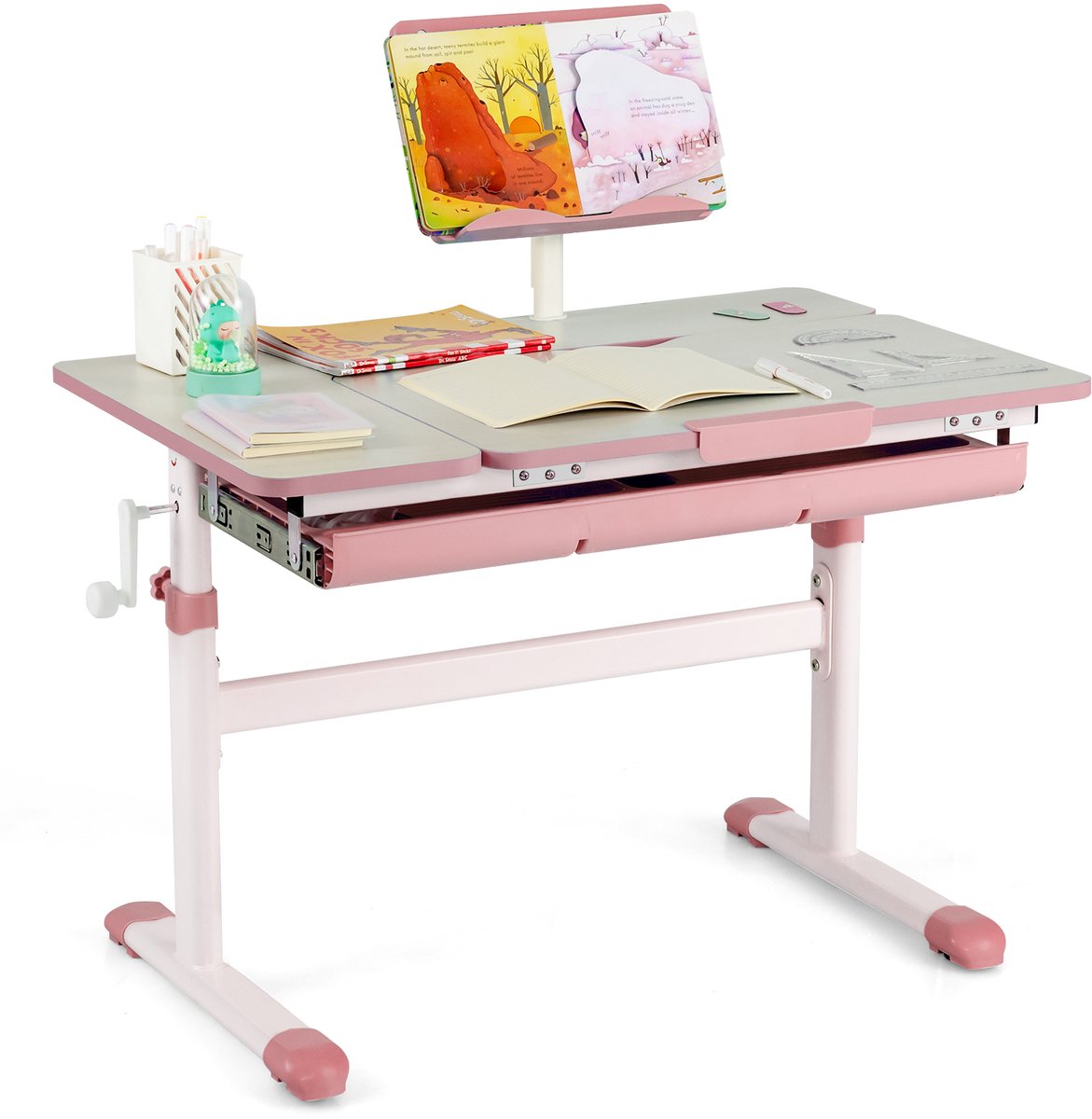 Costway Kinderbureau, in hoogte verstelbaar, schoolbureau met kantelbaar tafelblad, boekenstandaard, lade en meetliniaal, ergonomisch jeugdbureau voor kinderen van 3 tot 12 jaar, roze