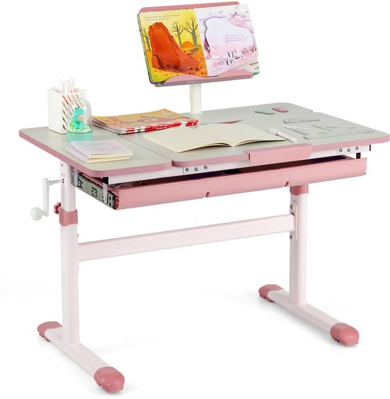 COSTWAY Kinderbureau, in hoogte verstelbaar, schoolbureau met kantelbaar tafelblad, boekenstandaard, lade en meetliniaal, ergonomisch jeugdbureau voor kinderen van 3 tot 12 jaar, roze