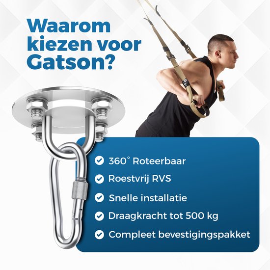 Man met sling trainer. Gatson plafondhaak is 360° roteerbaar, roestvrij, snelle installatie, 500 kg draagkracht.