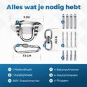 Onderdelen van plafondhaak met afmetingen: plafondplaat 9cm, karabijnhaak 7.5cm, 360° draaischarnier. Inclusief beton- en houtschroeven.