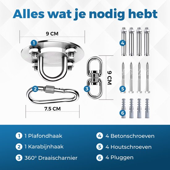 Onderdelen van plafondhaak met afmetingen: plafondplaat 9cm, karabijnhaak 7.5cm, 360° draaischarnier. Inclusief beton- en houtschroeven.