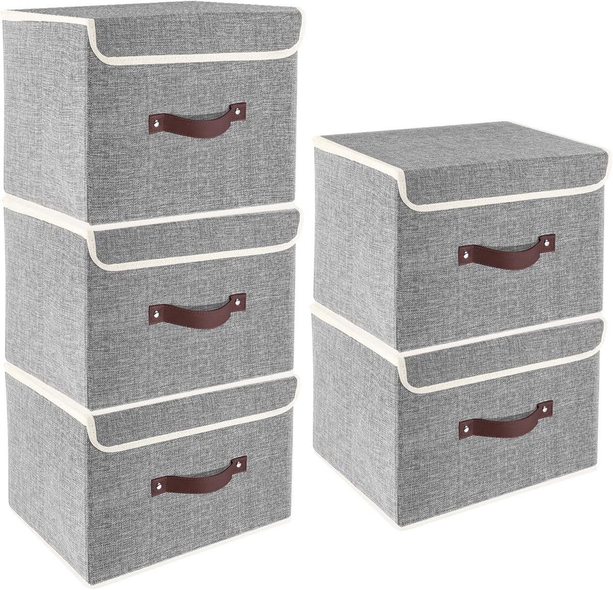 Famanu - Opvouwbare Opbergdoos met Deksel, Stof, Afwasbaar, Opbergbak met Deksel, 38x25x25 cm, Set van 5, Grijs