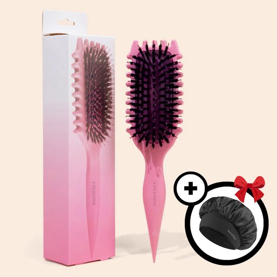 Curl Bounce Haarborstel - Krullenkam - Krullenborstel - Curly Girl CG Methode - Inclusief Satijnen Slaapmuts - Roze