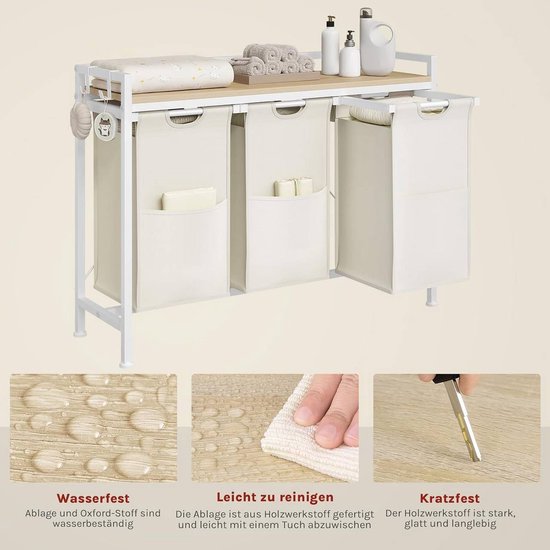 SureDeal® - Panier à linge 3 compartiments - 40 L par panier - Métal - Tissu Oxford - 96 x 71 x 30 cm - Wit - Chêne clair - Design industriel