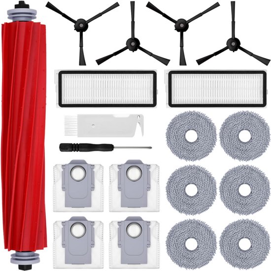 Complete set accessoires voor robotstofzuiger: rode hoofdborstel, 3 zwarte zijborstels, 2 witte filters, 4 grijze dweildoeken en 6 stofzuigerzakken.