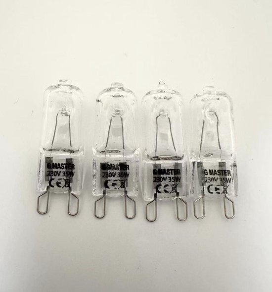 Vier G9 halogeenlampen, 230V 35W, met CE-markering.