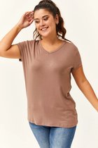T-shirt Basic à manches courtes et col en V pour femme, grande taille, taille 5XL - Vison