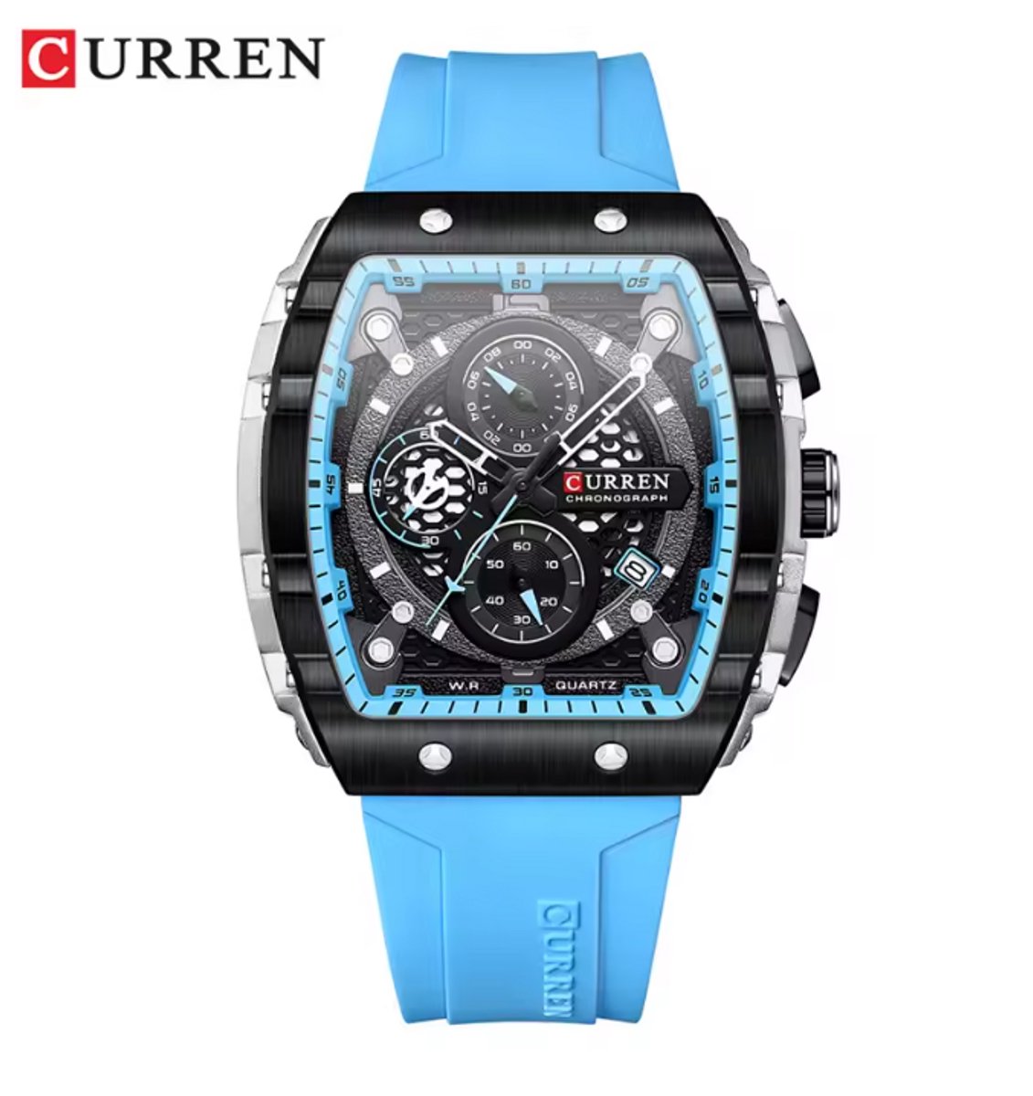 Curren Horloge - Heren - Lichtblauwe Siliconen Band en Wijzerplaat - Model 8442 - Trendy Herenhorloge - Opvallend Cadeau voor Hem