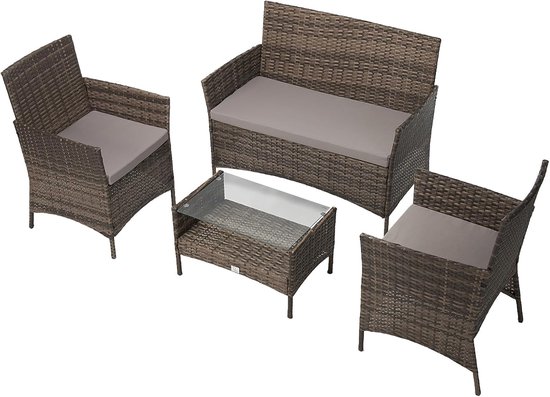 GOPLUS 3-delige tuinmeubelset, polyrotan zitgroep met bijzettafel, rotan meubel, loungeset van hout voor terras, balkon en tuin, bruin