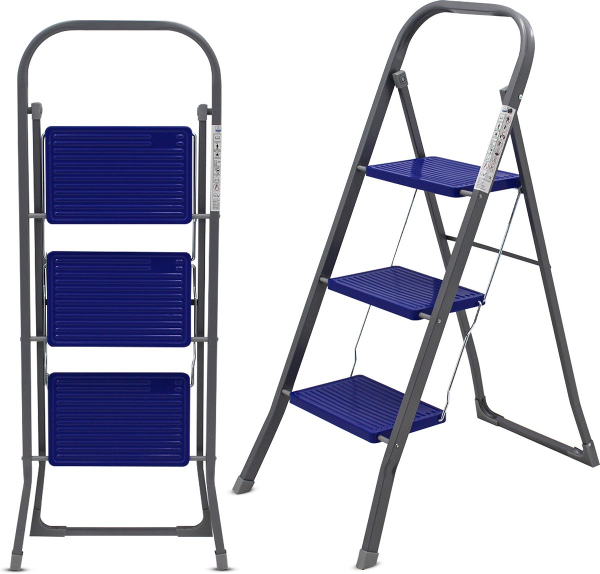 Muntel® Huishoudtrap 3 treden - Keukentrap Inklapbaar - TÜV/GS - Blauw - Antislip - Max. hoogte 105 - 150 kg