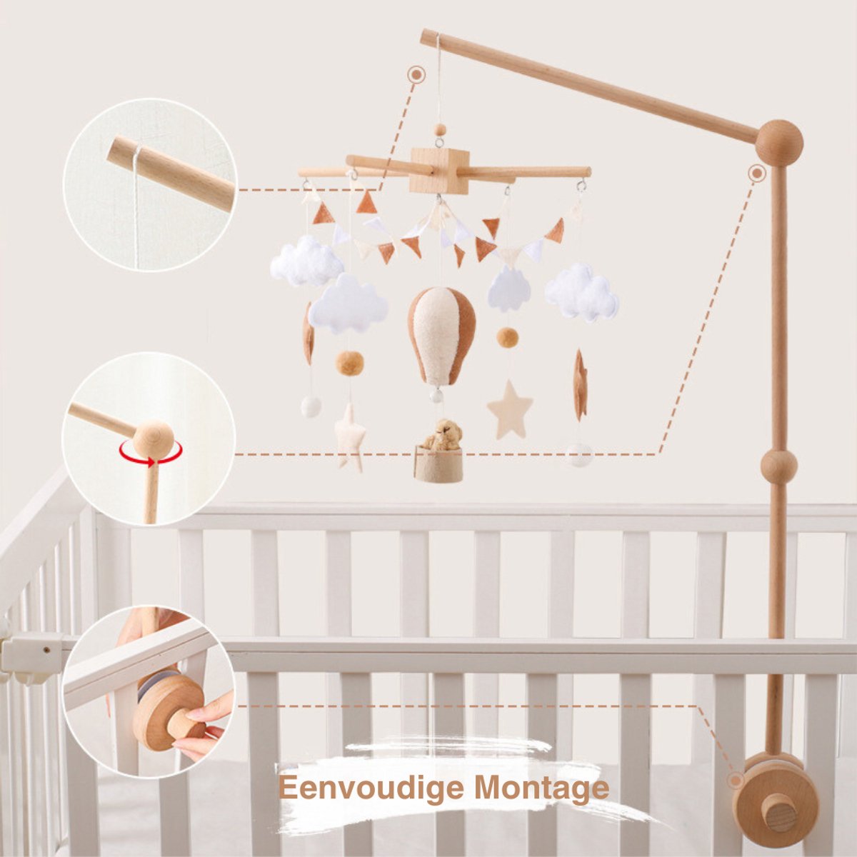 Joymaxx® Mobiel Baby Luchtballon met Houten Houder - Baby Mobiel voor Box - Neutrale Kleur Babykamer Decor - Boxmobiel Vilt en Hout - Wiegmobiel- Kraamcadeau- Muziekmobiel baby- Box Accessoires – foto 3