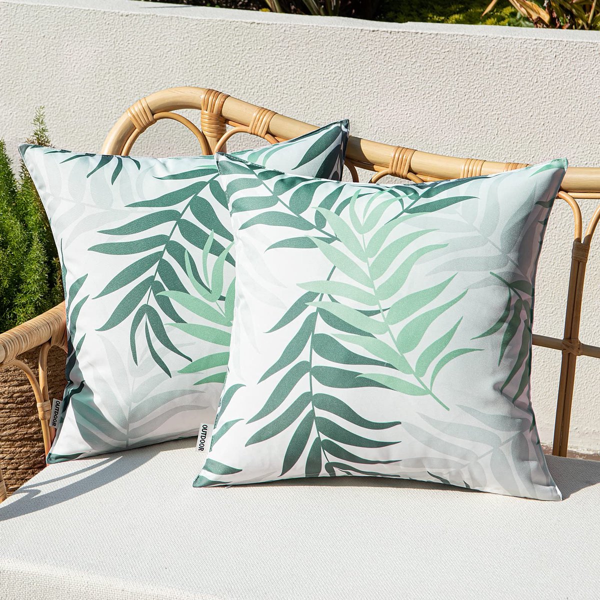 Ibenzoa Set van 2 Weerbestendige Decoratieve Kussenhoezen voor Binnen- en Buitengebruik, 45 x 45 cm, Bladmotief, Lichtgroen