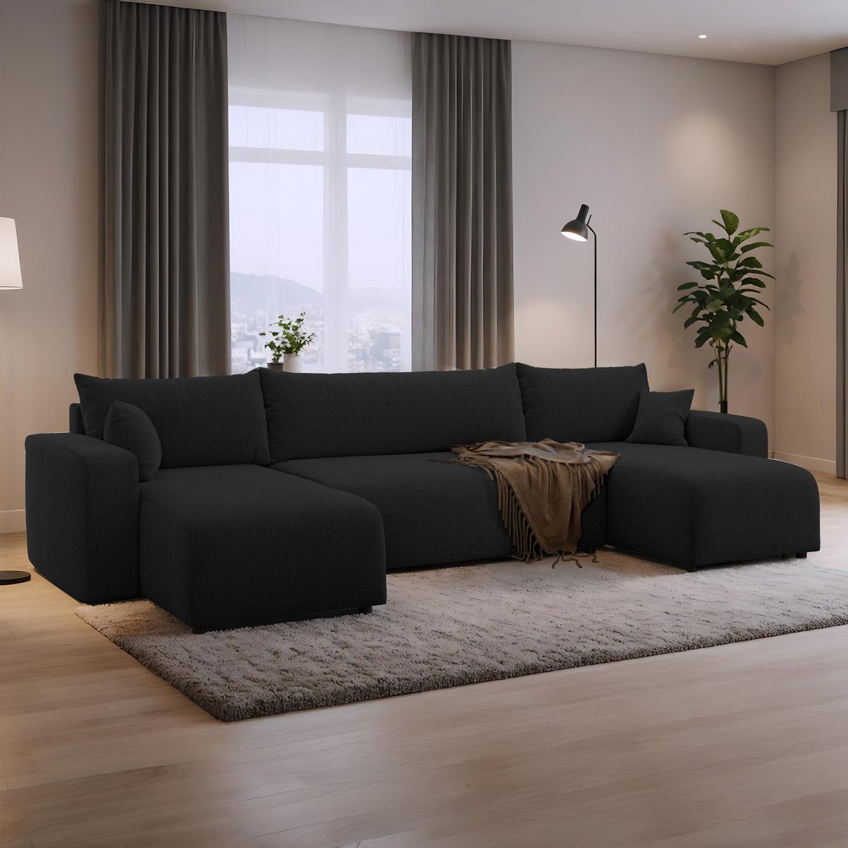 U-bank met opbergruimte Romee - Universeel - Teddy stof - Zwart - Slaapbank met opbergruimte - Lounge Links of Rechts - Direct Leverbaar - U-zetel - Chaise longue - Zetel met slaapgedeelte - 4 zits - Zitcomfort Medium