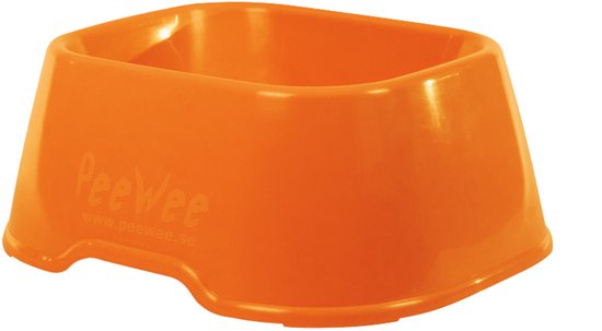 Oranje PeeWee EcoClassic voerbak met logo en website opdruk.