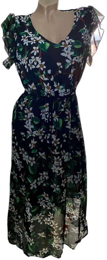 Dames Jurk met bloemenprint M/L zwart/wit/groen