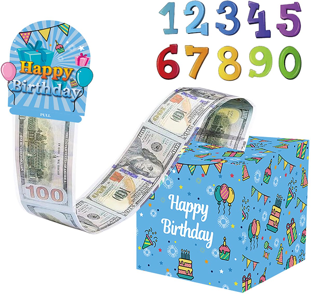 REFTTENW Geld Cadeauverpakking - Cadeau Voor Contant Geld - Aanpasbare Leeftijdsstickers - Geldcadeau - De Leukste Pinautomaat Voor Je Verjaardag Blauw