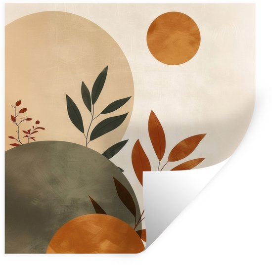 Sticker mural abstrait avec des cercles beiges et bruns et des branches aux feuilles vertes et oranges.