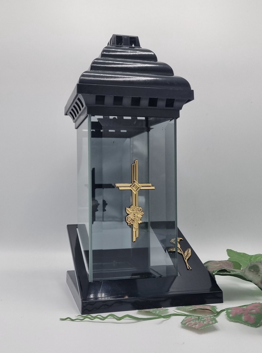 Lubema Herdenkingslicht - L-5b - Lantaren - Kruis/Roosjes - Calla - Goud/Zwart - Windlicht - Graflicht - Graflantaarn - Grafdecoratie