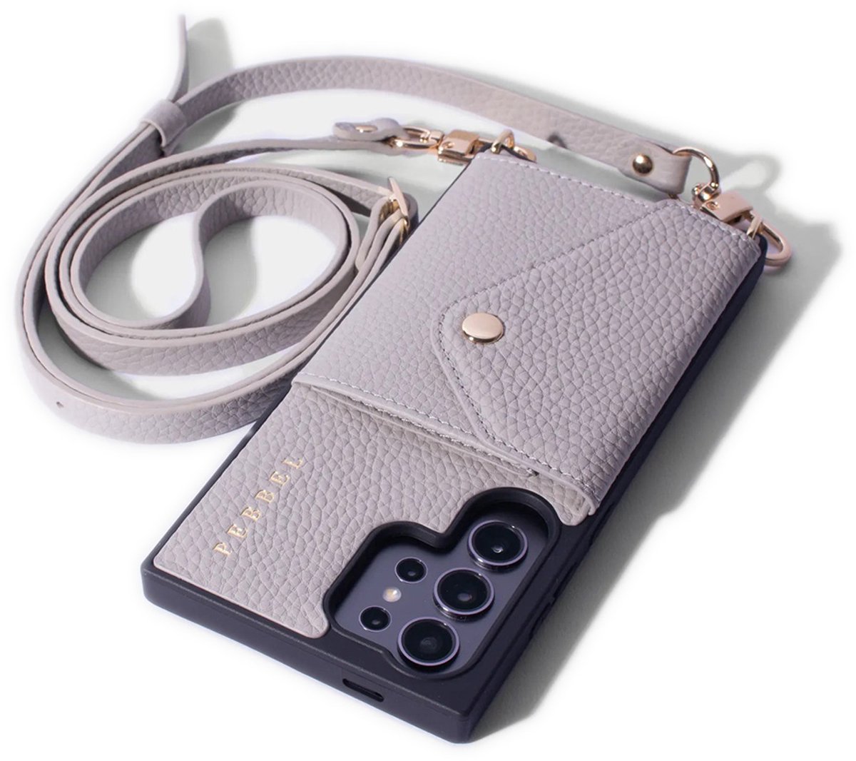 Pebbel Crossbody Hoesje Greige - Geschikt voor Samsung Galaxy S25 Ultra - Luxe Hoesje met Koord - Echt Italiaans Leer - Pasvakje