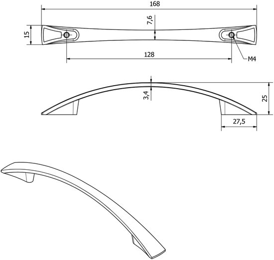 Technische tekening van een roestvrijstalen look kastgreep, met afmetingen 168 mm x 25 mm en een boorgatafstand van 128 mm.