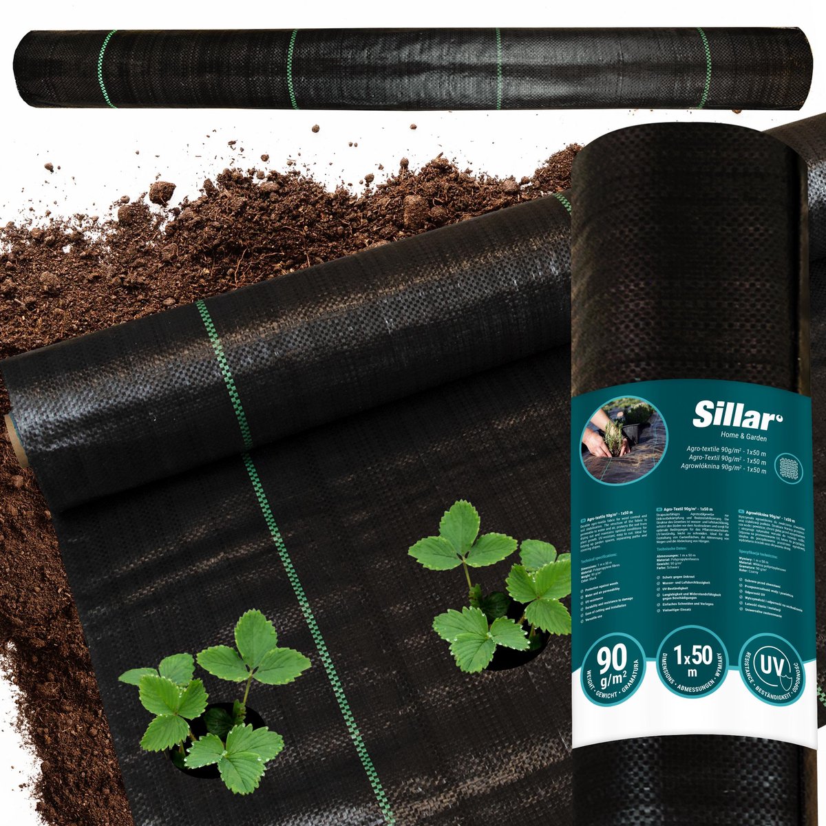 Sillar, onkruidvlies tuinvlies, tegen onkruid, agrotextiel, plantenbescherming, duurzaam, UV-bestendig, agrotextiel voor het snijden, universeel, 90 g/m2, 1 m x 50 m, zwart