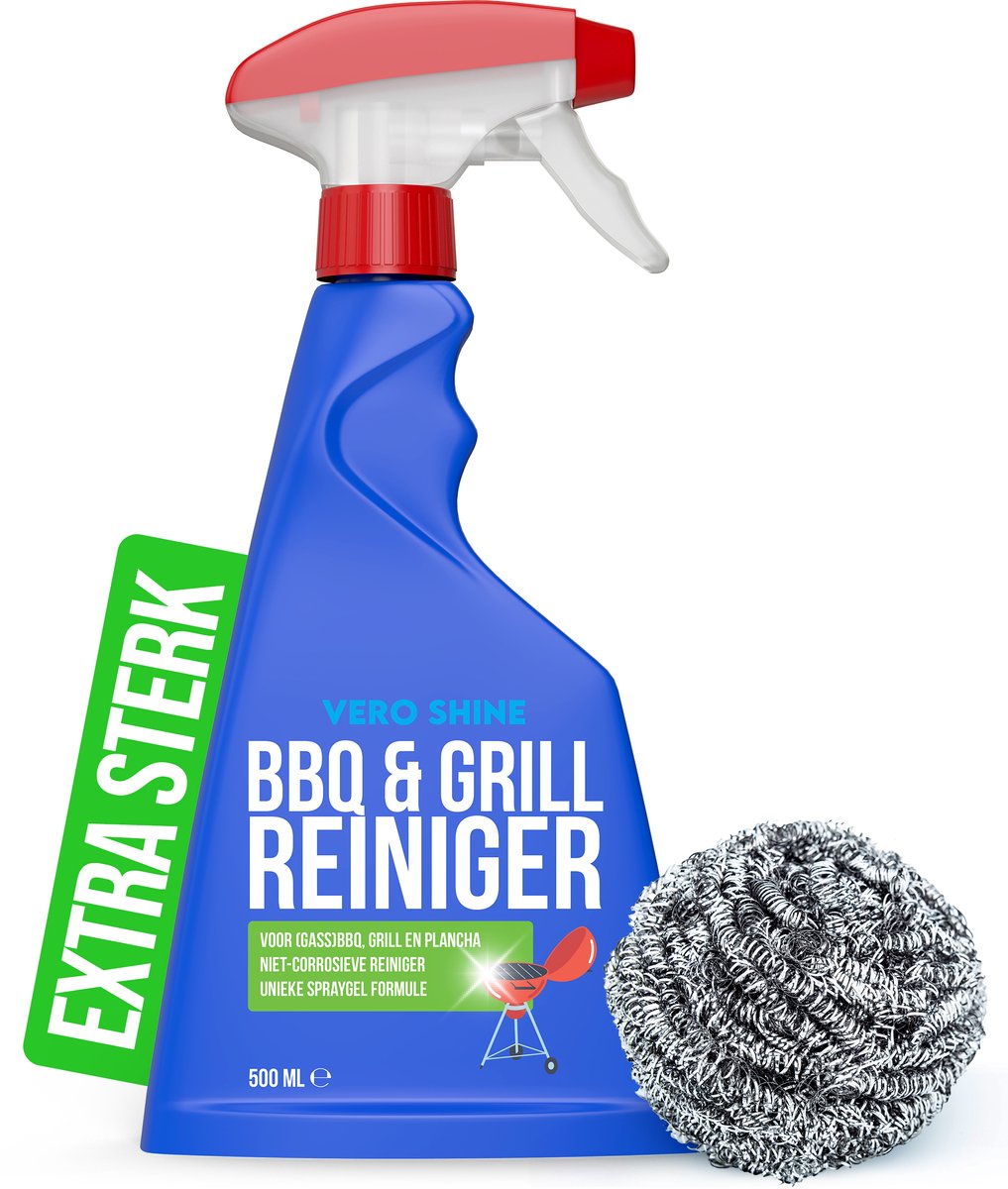 Vero Shine BBQ Reiniger met Schuurspons (500ml), Grillreiniger voor hardnekkig Vuil, Niet-Corrosieve Ontvetter Spray, Voor Grill, Plancha en (gas)Barbeque