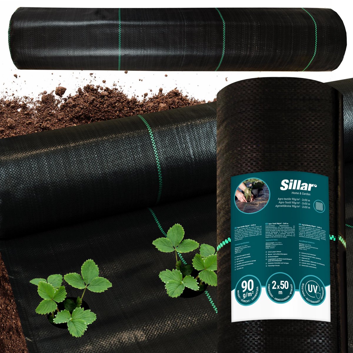 Sillar, onkruidvlies tuinvlies, tegen onkruid, agrotextiel, plantenbescherming, duurzaam, UV-bestendig, agrotextiel voor het snijden, universeel, 90 g/m2, 2 m x 50 m, zwart