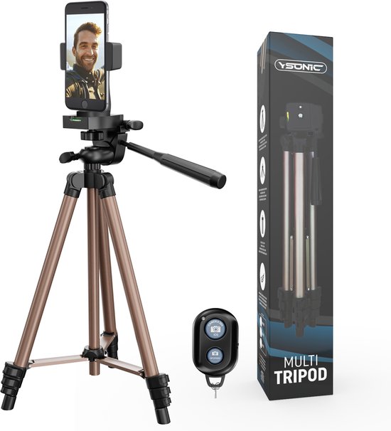Bronzen statief met telefoon, YSONIC verpakking en een zwarte afstandsbediening.