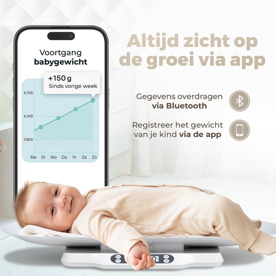 Gatson Babyweegschaal - Met App - Tot 30kg - Inclusief Meetlint - Dierenweegschaal - Weegschaal baby - Babyshower