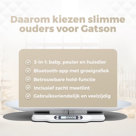 Gatson Babyweegschaal - Met App - Tot 30kg - Inclusief Meetlint - Dierenweegschaal - Weegschaal baby - Babyshower