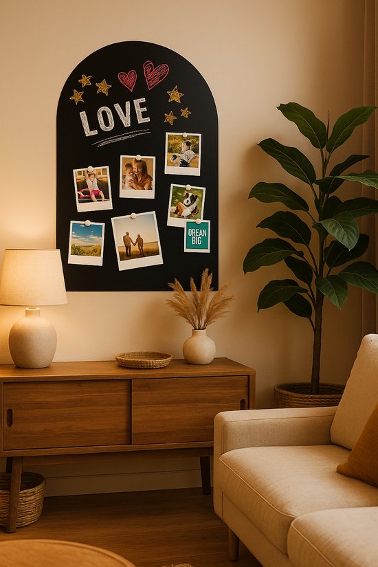 Tableau noir en forme d'arche avec 'LOVE', étoiles, photos et plante.