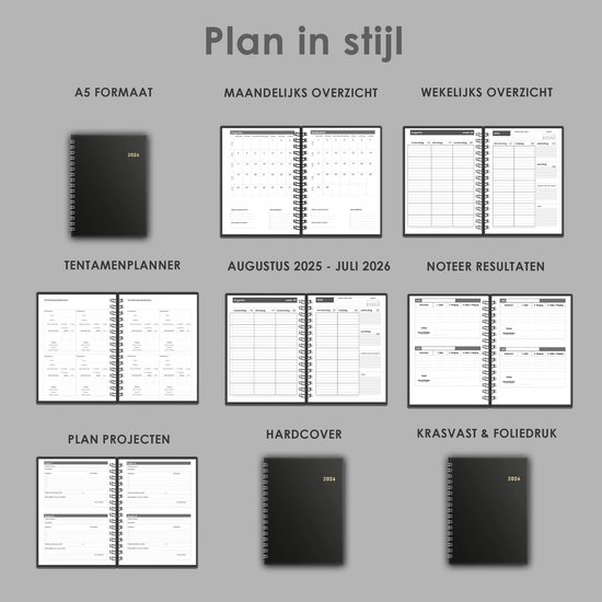 Huurdies - Agenda scolaire - 2026 - A5 - Hardcover - Feuille d'or et pelliculage anti-rayures