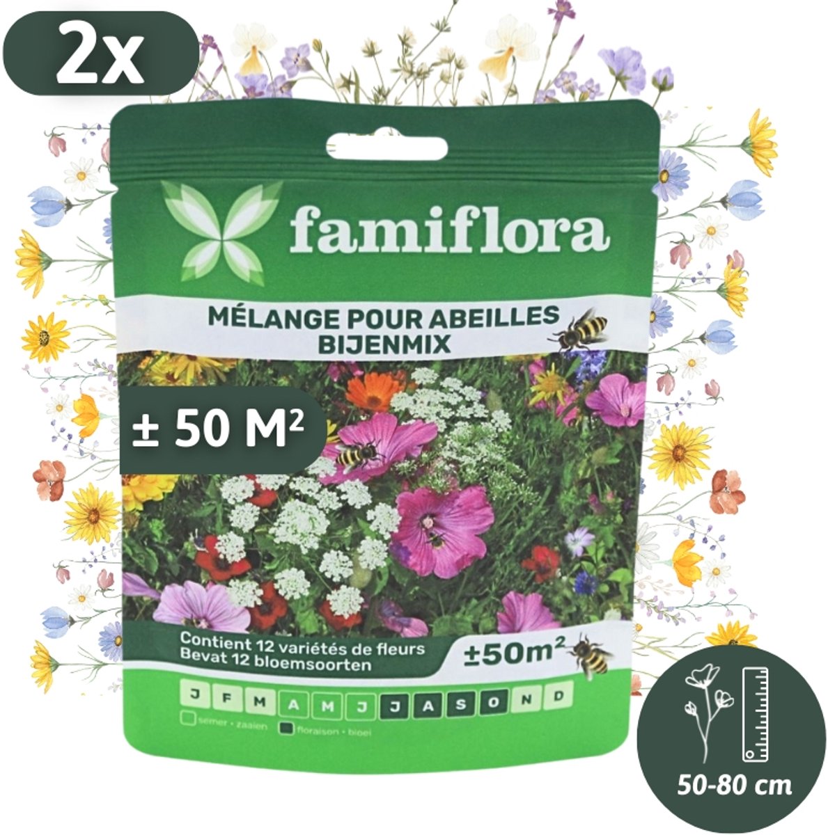 Famiflora bijenmix bloemenzaad voor 100m² (2 zakjes) - 12 verschillende bloemsoorten - Bloemenweide zaad - bloemenzaad bijen en vlinders