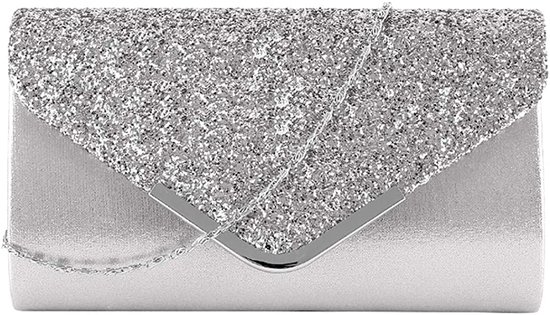 Pochette - Pochette pour femme - Sac de soirée - Avec chaîne - Enveloppe pour femme - Sacs à main pochette - Glitter - satin - Sac à bandoulière - Élégant - Rétro - Convient pour mariage, party de promo - Argent