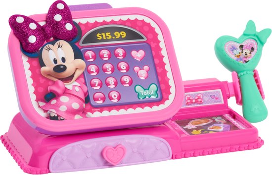 Roze Minnie Mouse kassa met glitter strik, cijfertoetsen en scanner, zijaanzicht.