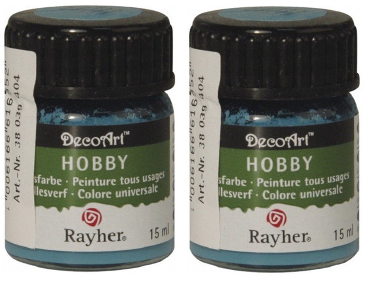 2x Turquoise blauwe acrylverf/allesverf potjes 15 ml hobby/knutselmateriaal - Allesverf - Waterverdunbaar - Geschikt voor bijna alle ondergronden - Hobby/schilder materiaal