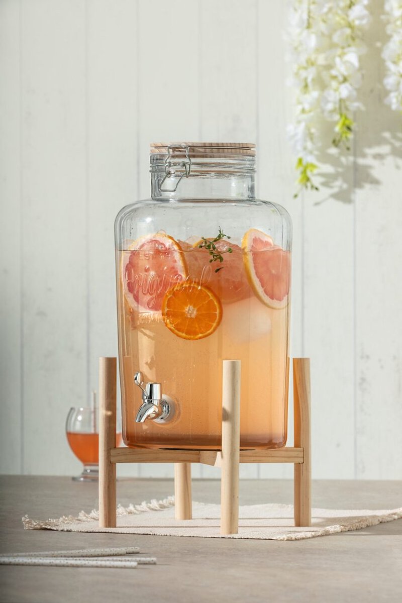 Drank dispenser Glas 8L met Tap en Houten Standaard – Voor Fruitwater & Limonade