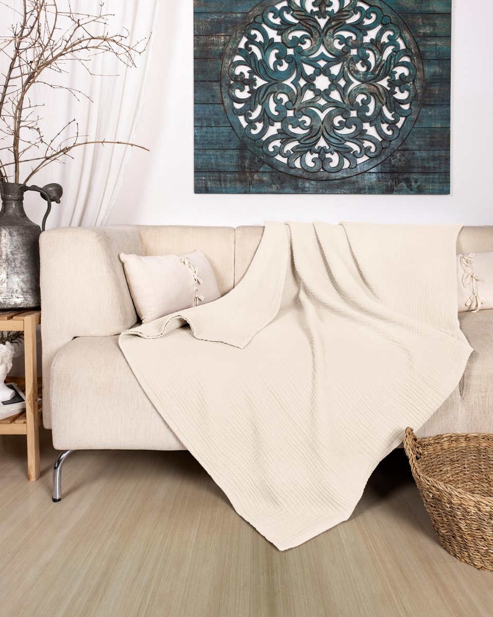 Unyqoos Extra Zachte en Lichte Mousseline Sprei voor Zomer en Winter, 100% Katoen, Ivoorcrème, 180 x 220 cm thumbnail 2