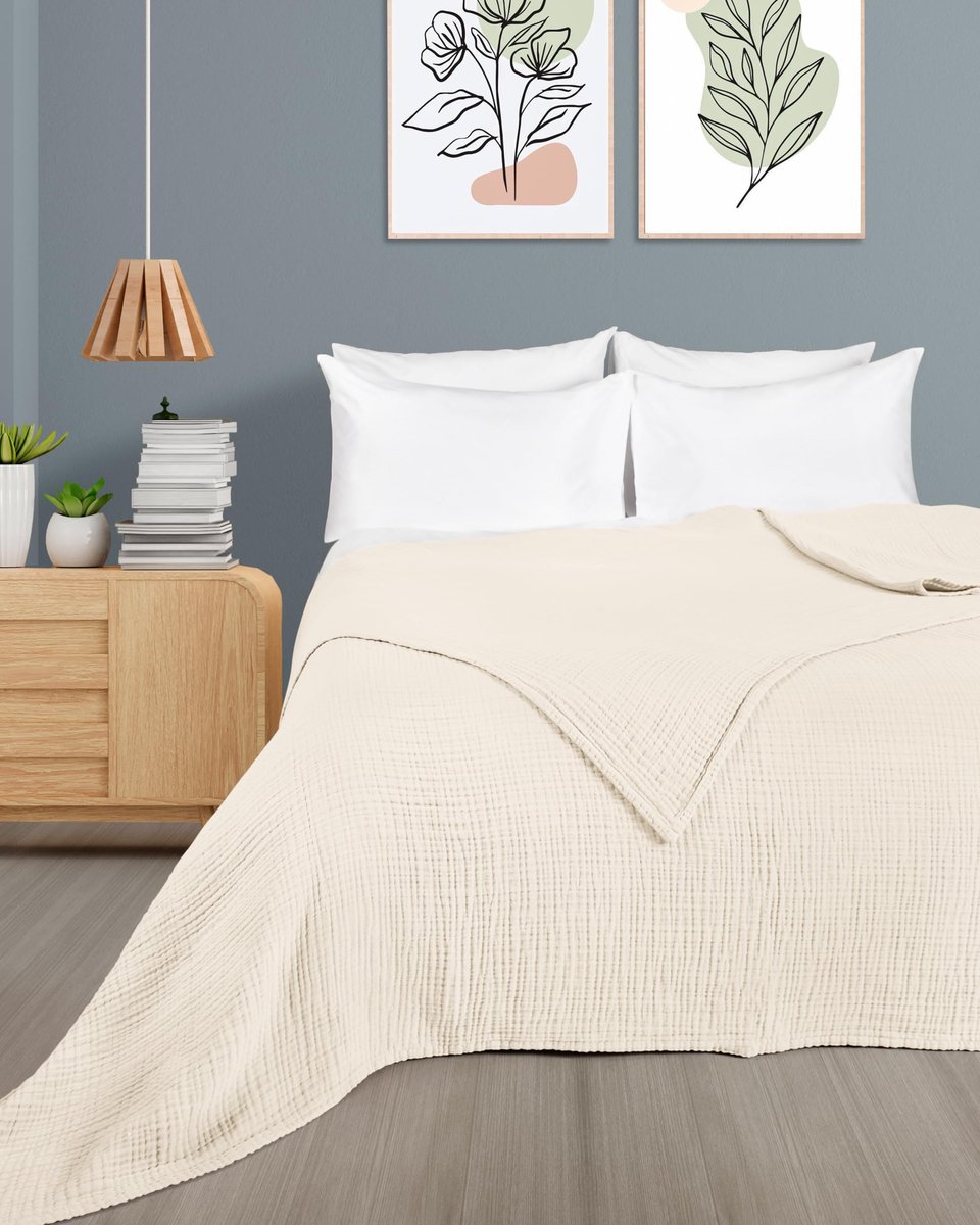 Unyqoos Extra Zachte en Lichte Mousseline Sprei voor Zomer en Winter, 100% Katoen, Ivoorcrème, 180 x 220 cm