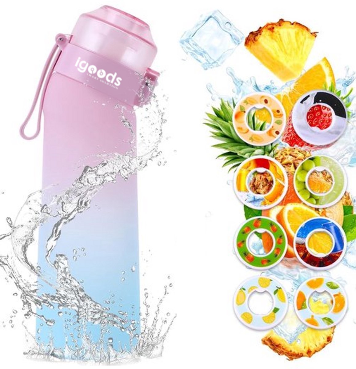 Igoods Drinkfles - Geurfles - Sportfles - Waterfles Met Smaak - Smaak Op Basis Van Geur - 650ML - BPA Vrij - Inclusief 7 Smaken - Blauw/Roze