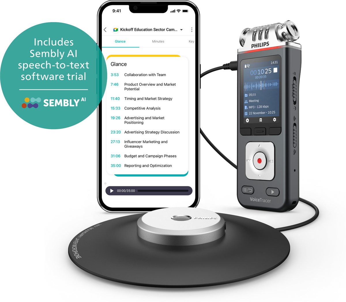 Philips DVT8115 Audiorecorder - 360° Tafelmicrofoon - 3Mic Stereo, 24-bits/96 kHz - Sembly Ai spraakherkenning - Smartphone-app - Etui met opbergvak - USB-C