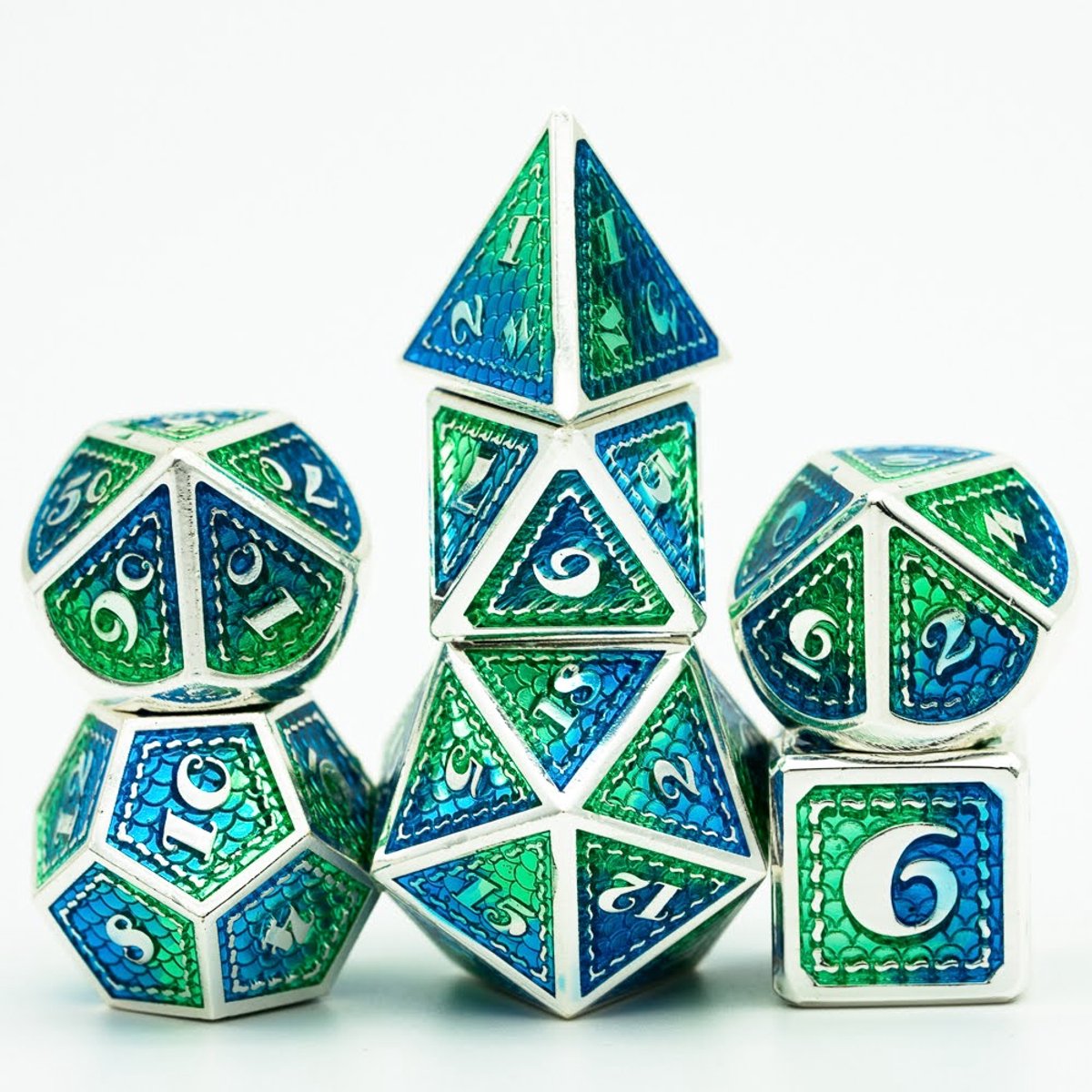 Lapi Toys - Dungeons and Dragons dobbelstenen - D&D dobbelstenen - D&D metal polydice - 1 set (7 stuks) - Metaal - Groen - Blauw