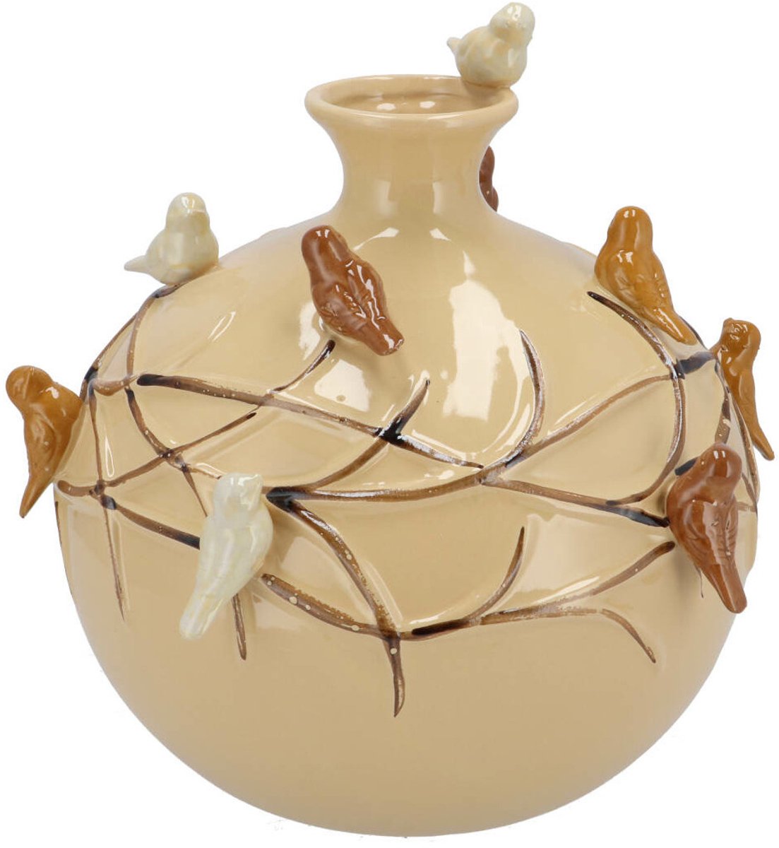 DK design Vaas Spring birds - zandkleurig - keramiek - D18 x H18 cm - bloemenvaas Licht beige