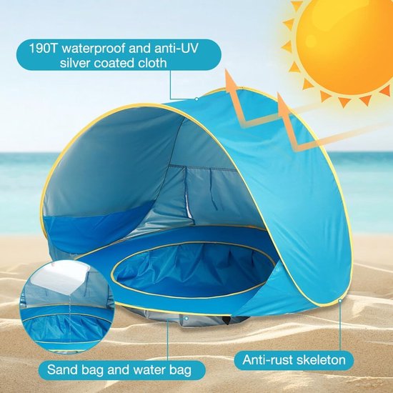 Anti-UV babytent met zwembad, opvouwbare strandtent, draagbare anti-UV kindertent, babystrandtent ter bescherming tegen de zon voor kinderen buiten (120x80x70cm) - Roze - 120cm van Merkloos — afbeelding 4