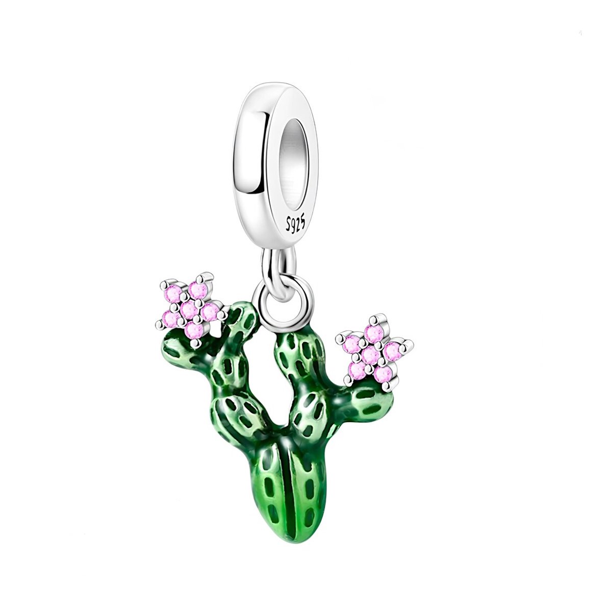 Fler® | Bedel | Past op populaire bedelarmbanden (standaard - 3mm) | Cactus Bedel | Hangbedel Charm | 925 sterling zilver | Roze zirkonia | Groene emaille | Armband Kraal | Valentijnsdag Cadeau | Sinterklaas kado | Kerstcadeau | Verjaardagsgeschenk