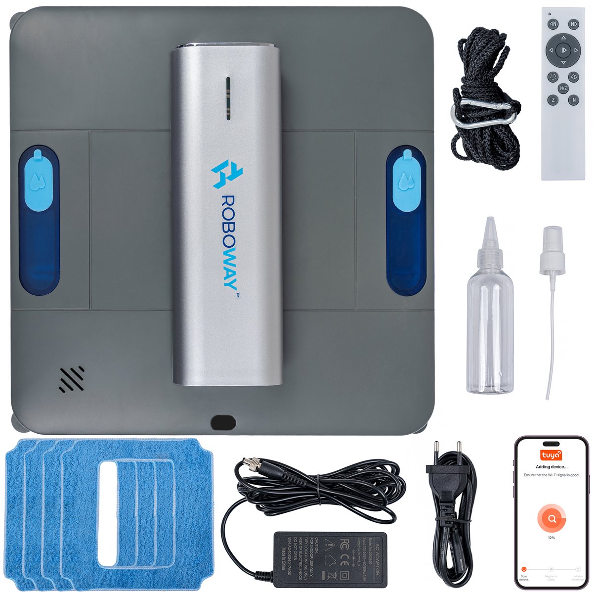 ROBOWAY® Robot raamwisser | RW-5-PRO | Raamrobot | Automatisch & Slim | Krachtige Zuigkracht 4000Pa | WiFi & Afstandsbediening | Veiligheidstouw | Microvezeldoeken | Intelligente Navigatie | Stil | Voor Ramen, Spiegels & Glasoppervlakken | Droog & Na