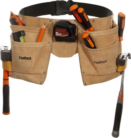 Ceinture à outils en cuir brun garnie de divers outils, y compris des marteaux, des tournevis et un mètre ruban.