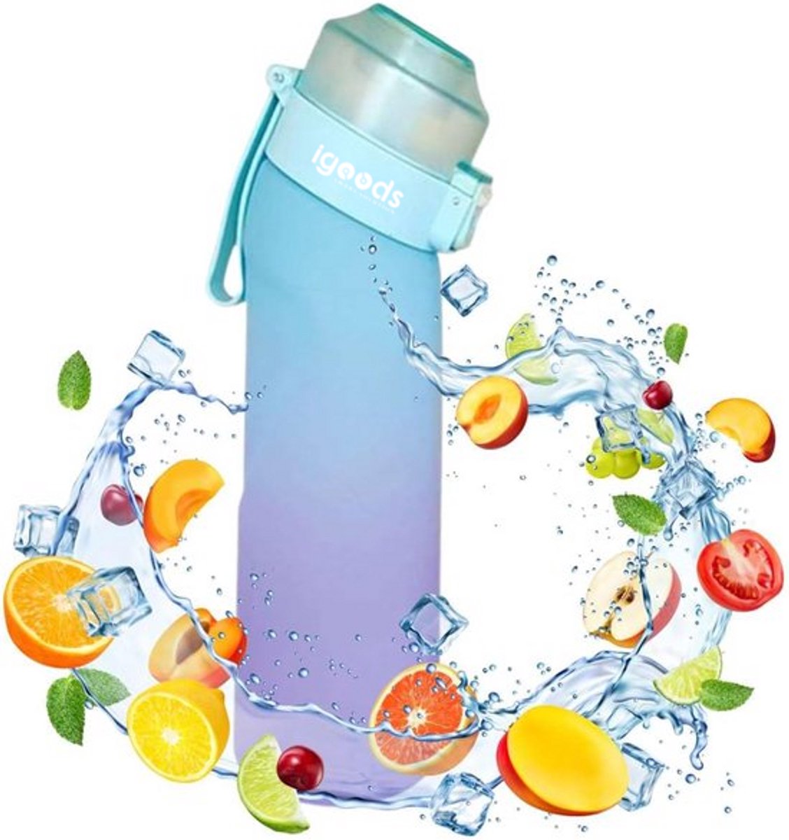 Igoods Drinkfles - Geurfles - Sportfles - Waterfles Met Smaak - Smaak Op Basis Van Geur - 650ML - BPA Vrij - Inclusief 7 Smaken - Paars/Blauw